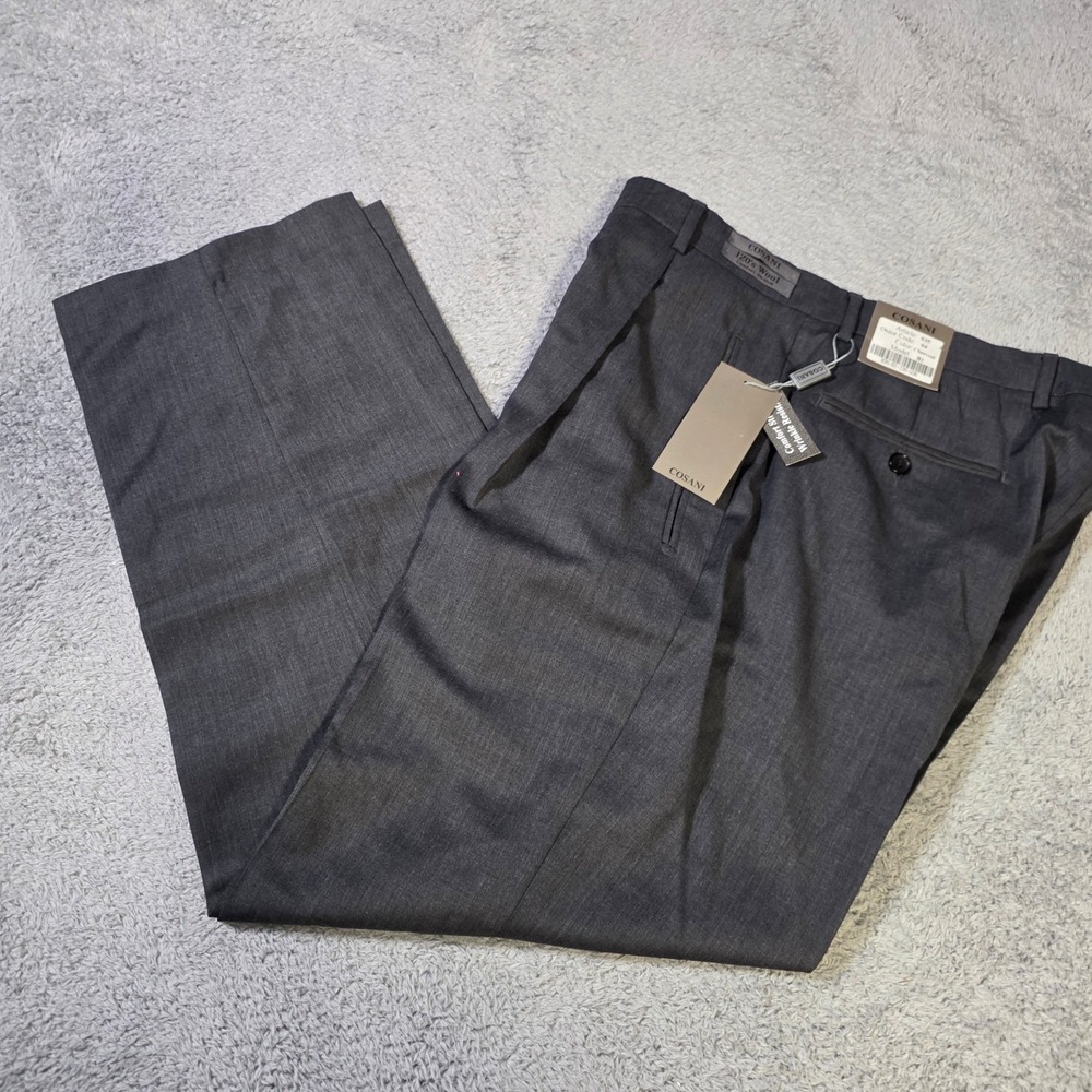 Cosani Mens 36x30 Dress Pants Charcoal Grey 120s Wool Pleated Wrinkle Resistant